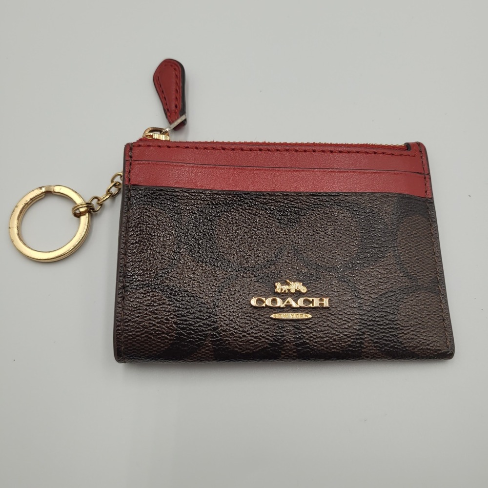Coach Mini Skinny ID Case Signature Canvas Brown Red F88208 Key Ring Wallet